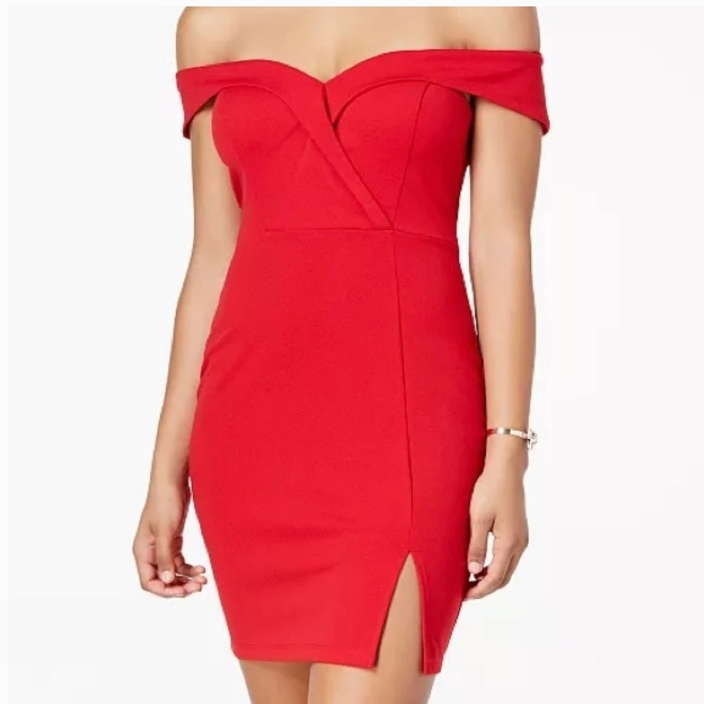 Red off the shoulder Dress.